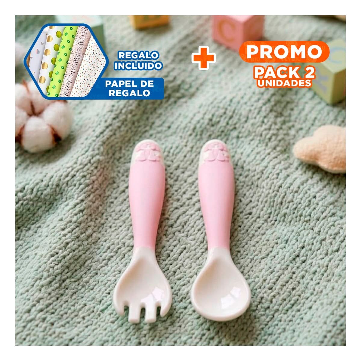 PACK2 SET DE CUCHARA Y TENEDOR COLOR ROSADO FORMA PERRITO CON ESTUCHE HIGIENICO Y+PAPEL REGALO - 1
