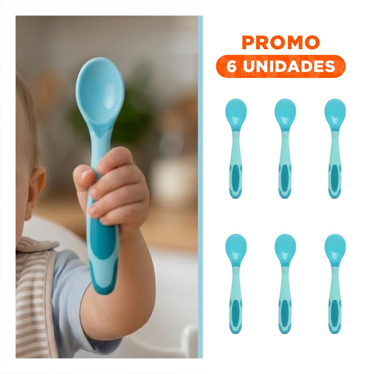 PACK6 CUCHARA DE ALIMENTACION INFANTIL EN COLOR CELESTE EN MATERIAL SILICONA FLEXIBLE - 1