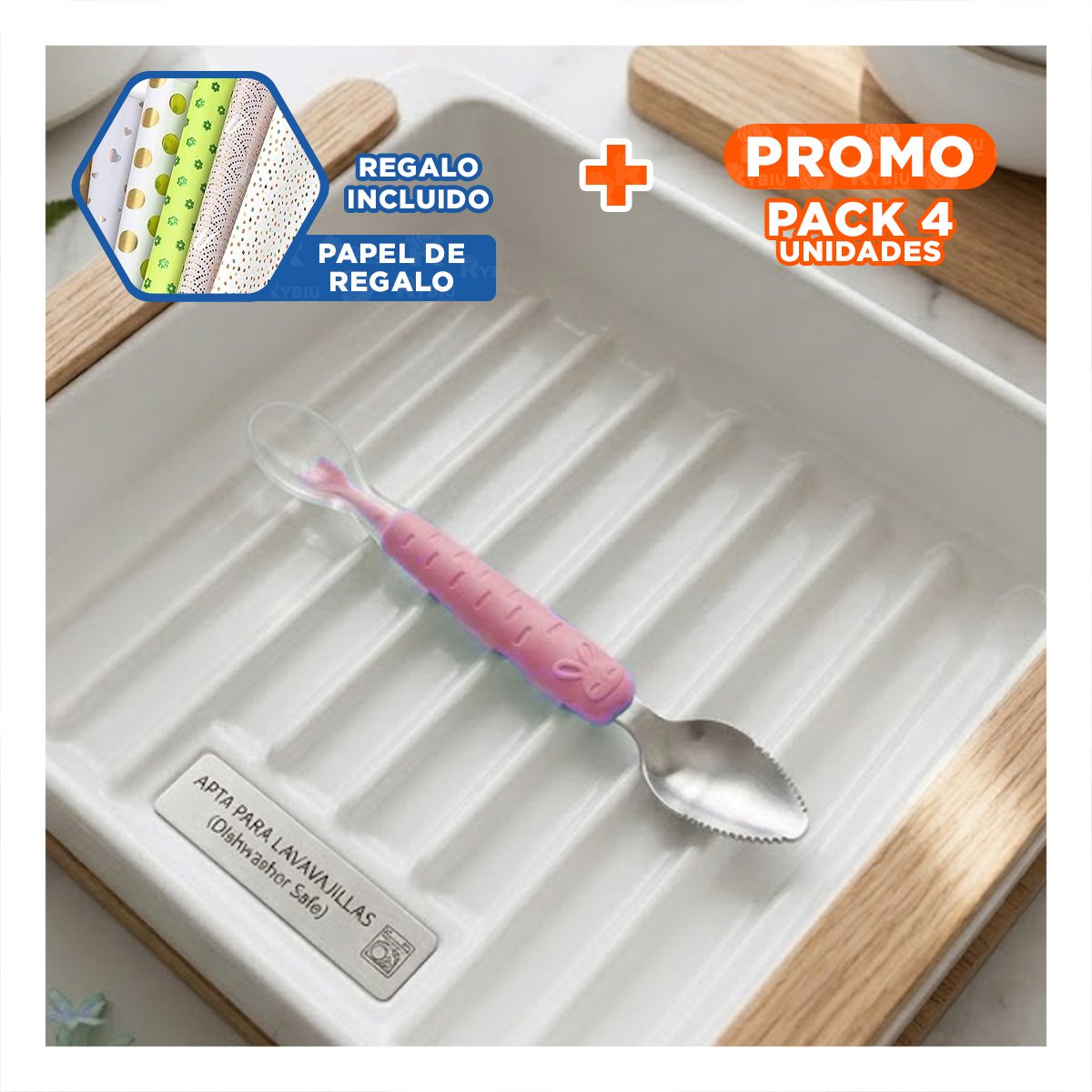 PACK4 CUCHARA EN COLOR ROSADO CON SISTEMA DOBLE RASPADOR Y CONEJO ESTAMPADO Y+PAPEL REGALO - 1