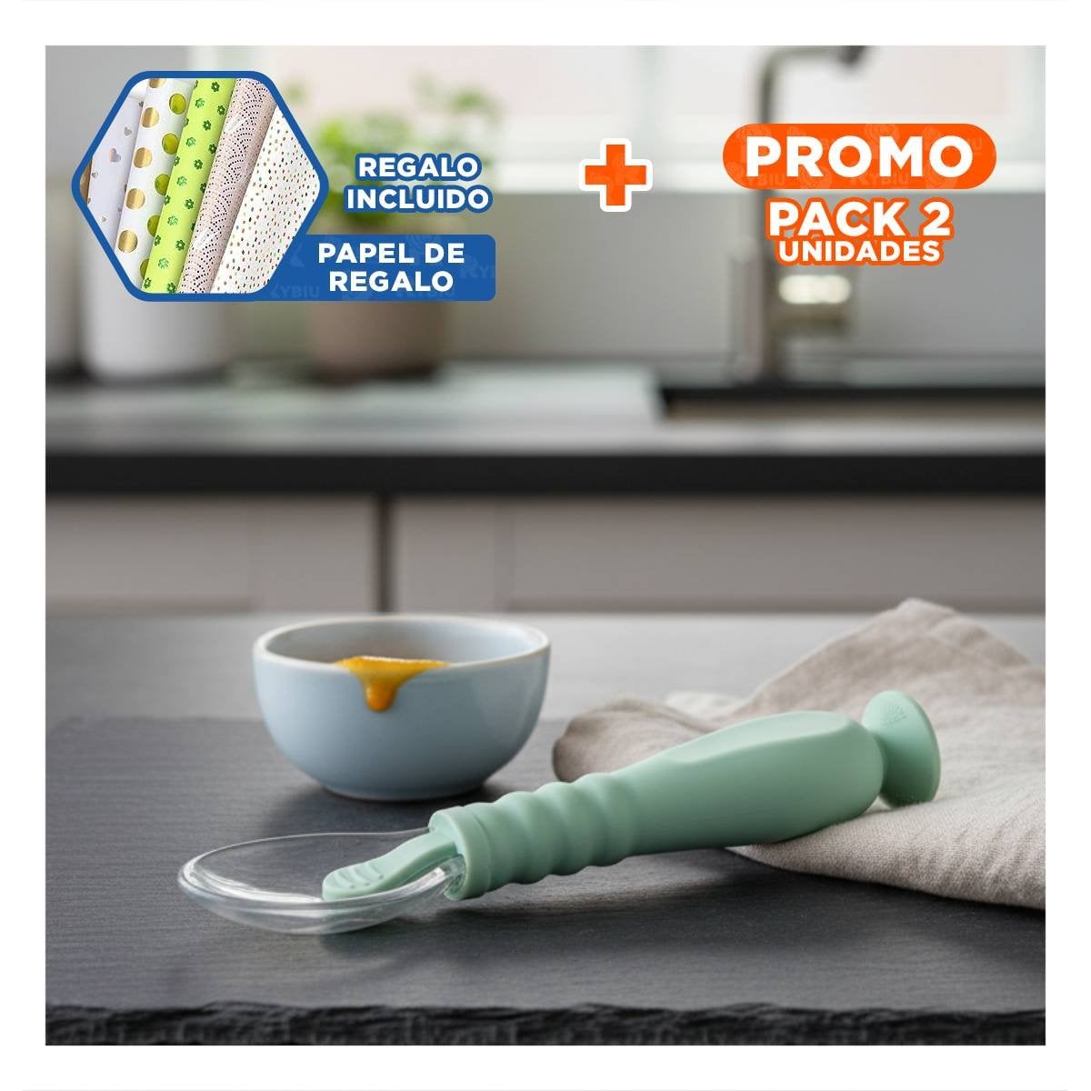 PACK2 ALIMENTADOR DIARIO VERDE AGUA CON 2 CUCHARAS Y SISTEMA VENTOSA ESTABLE Y+PAPEL REGALO - 1