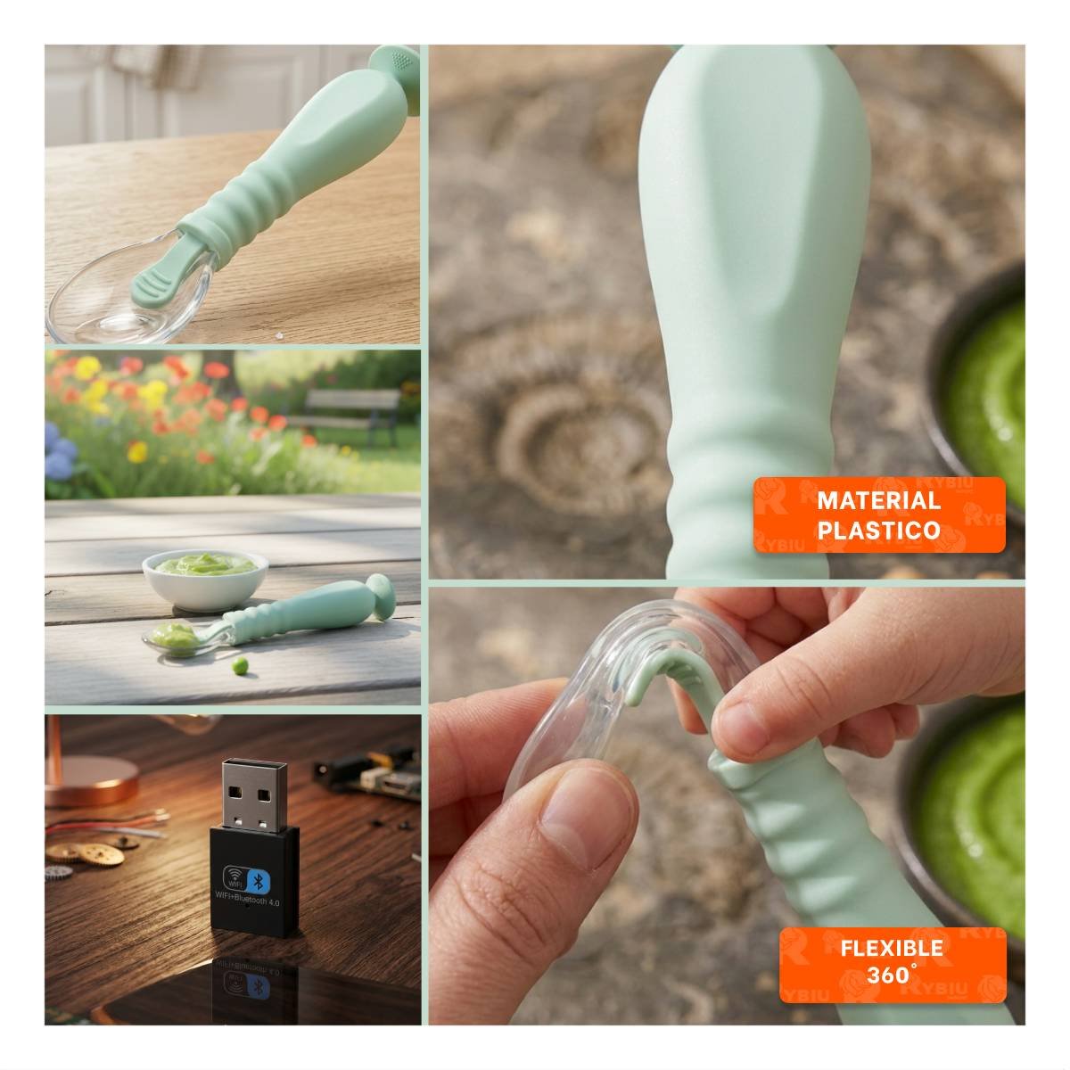 CUCHARAS ERGONOMICAS SET DE 2 VERDE AGUA CON ESTUCHE SEGURO Y VENTOSA INFERIOR Y+POST IT - 1