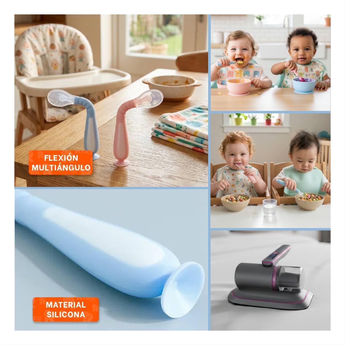 ALIMENTADOR INFANTIL CELESTE Y ROSADO CON 2 CUCHARAS ERGONOMICAS Y ESTUCHE CON VENTOSA - 5
