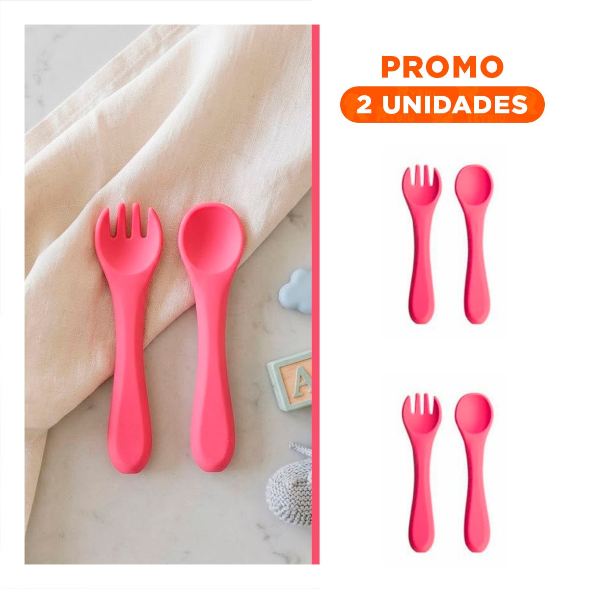 PACK2 SET EN COLOR ROSADO CON CUCHARA Y TENEDOR DE SILICONA PARA ALIMENTACION SEGURA - 1