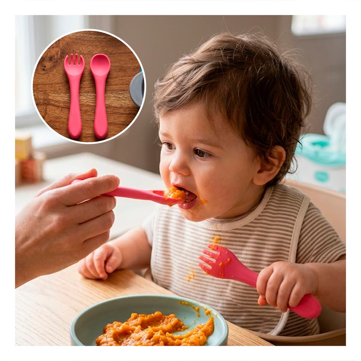 PACK2 SET EN COLOR ROSADO CON CUCHARA Y TENEDOR DE SILICONA PARA ALIMENTACION SEGURA - 5