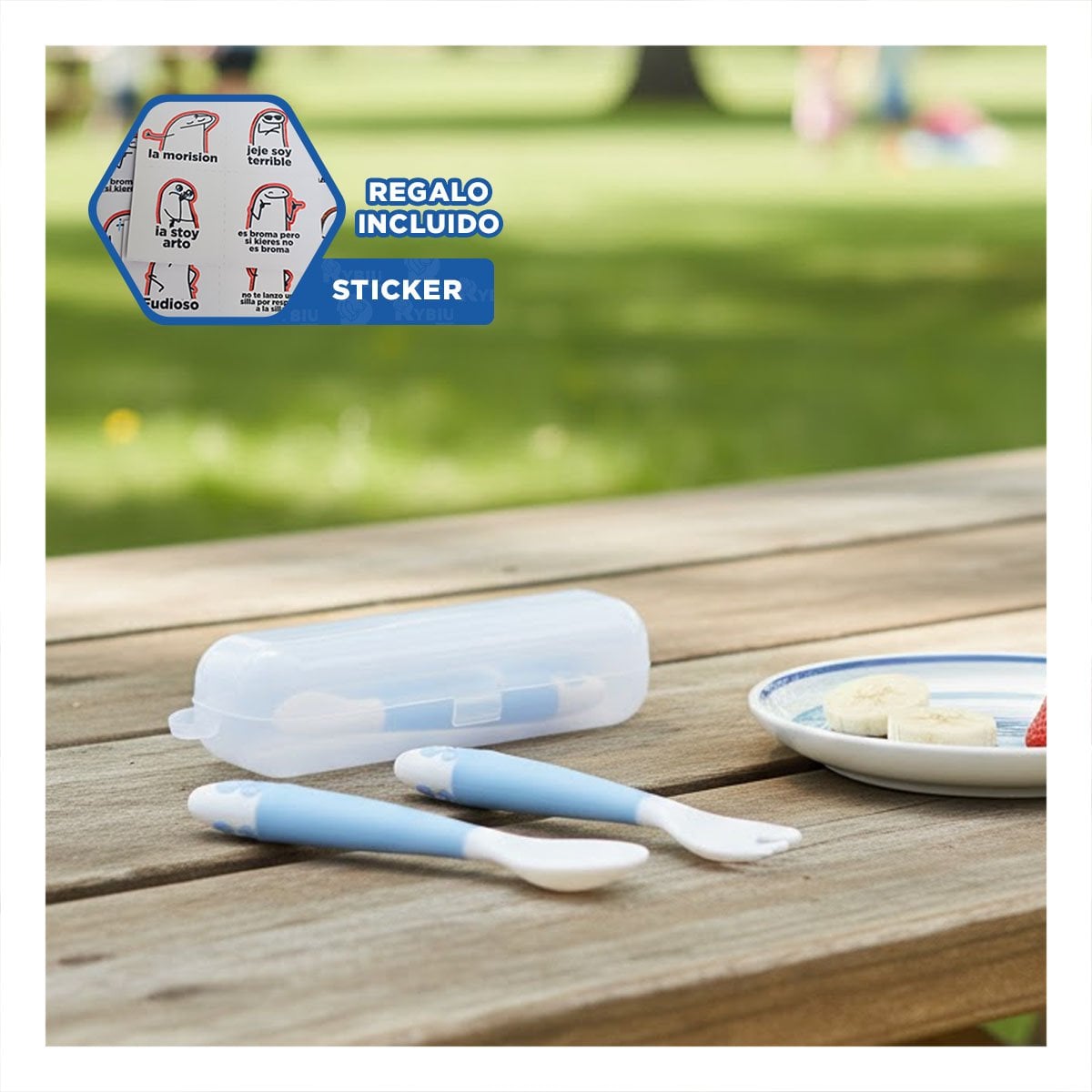 JUEGO EN COLOR AZUL CON ESTUCHE Y CUCHARA MAS TENEDOR FORMA PERRITO Y+REGALO STICKER - 1