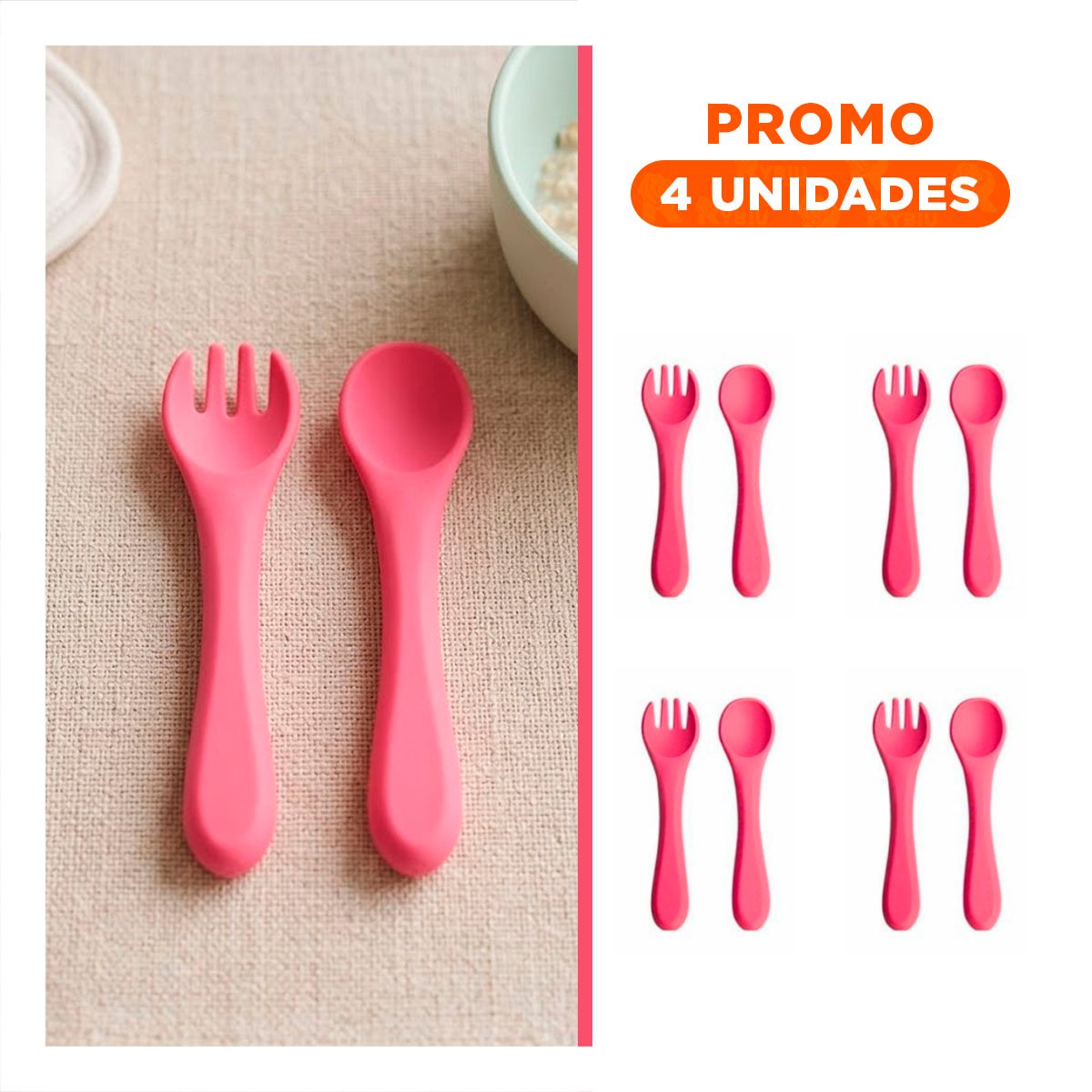PACK4 JUEGO DE CUBIERTOS EN COLOR ROSADO EN SILICONA INFANTIL Y+REGALO STICKER - 1