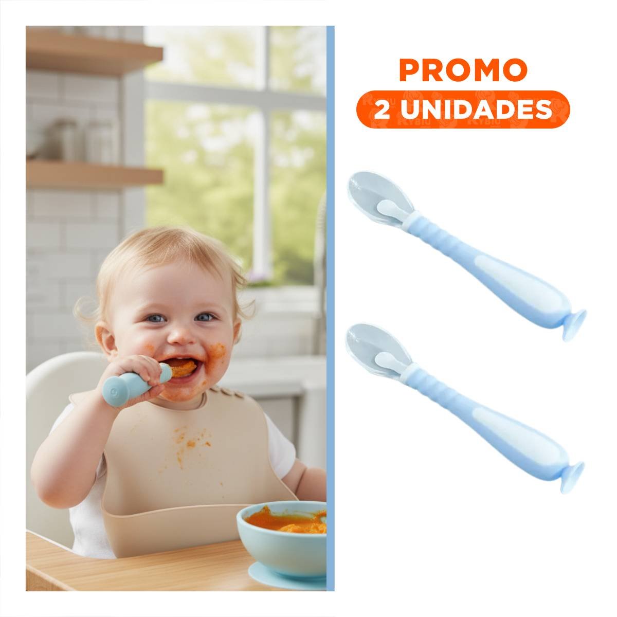 PACK2 CUCHARAS DE ALIMENTACION 2 UNIDADES CELESTE CON ESTUCHE Y SOPORTE VENTOSA - 1