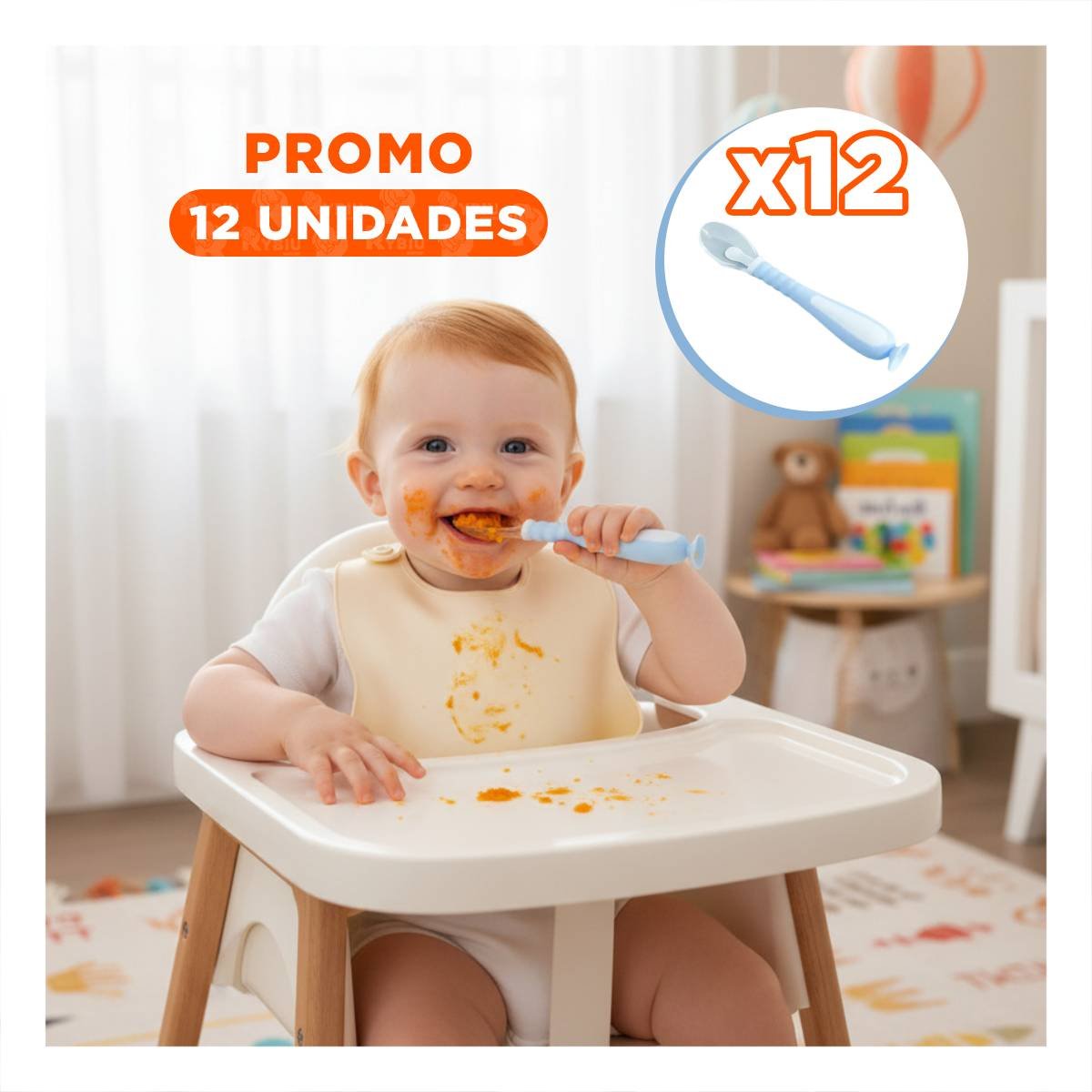 PACK12 CUCHARAS INFANTILES CELESTE SET DE 2 CON BASE VENTOSA Y ESTUCHE COMPACTO - 1