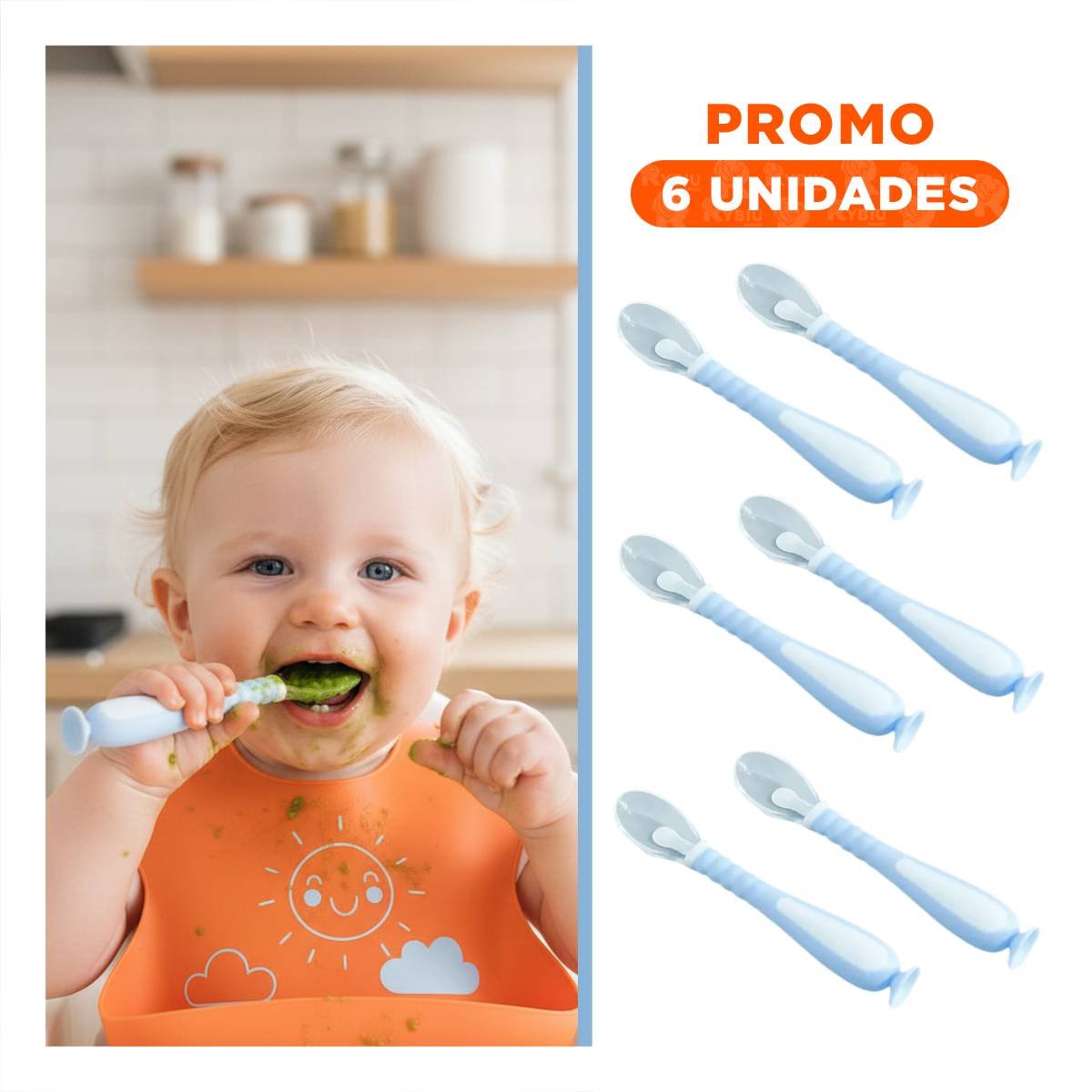 PACK6 CUCHARAS PARA ALIMENTACION SET DE 2 CELESTE CON ESTUCHE Y VENTOSA INTEGRADA - 1