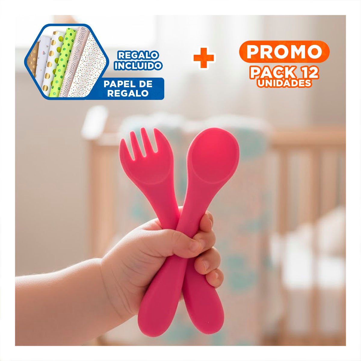 PACK12 KIT EN COLOR ROSADO DE CUCHARA Y TENEDOR EN SILICONA FLEXIBLE Y+PAPEL REGALO - 1