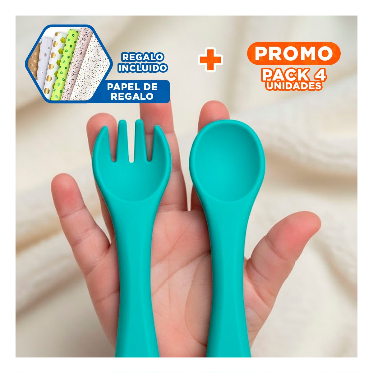 PACK4 JUEGO DE ALIMENTACION EN COLOR VERDE CON CUCHARA Y TENEDOR SILICONA Y+PAPEL REGALO - 1