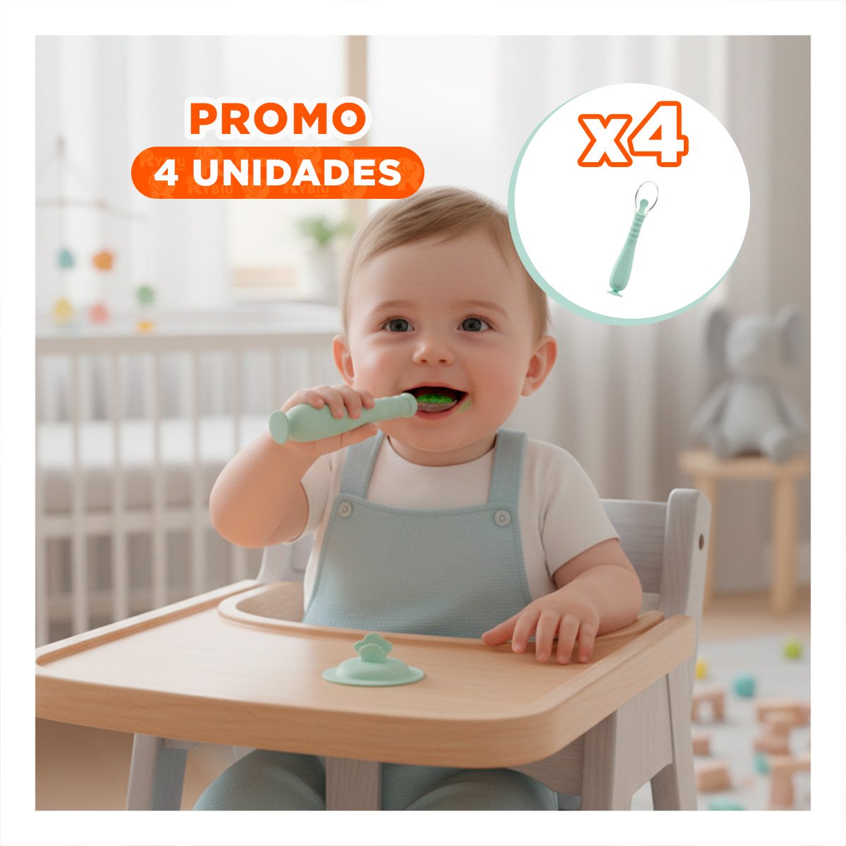 PACK4 CUCHARA ERGONOMICA INFANTIL VERDE AGUA CON BASE VENTOSA Y ESTUCHE PRACTICO - 1