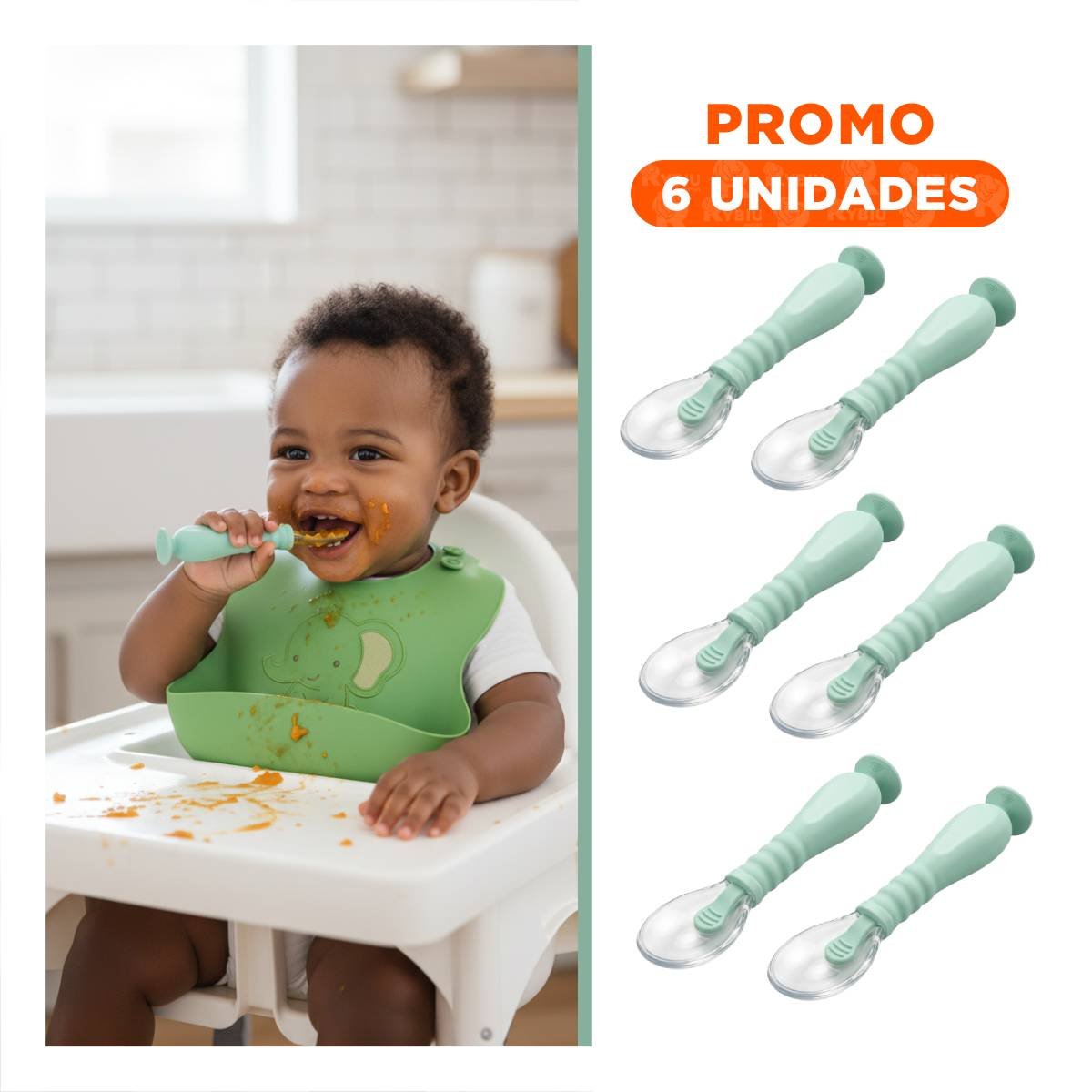 PACK6 CUCHARAS PARA ALIMENTACION SET DE 2 VERDE AGUA CON ESTUCHE Y VENTOSA INTEGRADA - 1