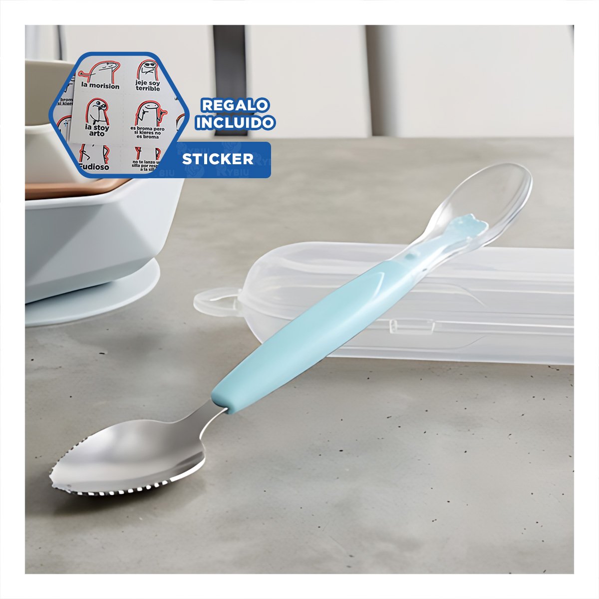 UTENSILIO DOBLE CON ESTUCHE TRANSPARENTE Y ACABADO COLOR VERDE AGUA RASPADOR Y+REGALO STICKER - 1