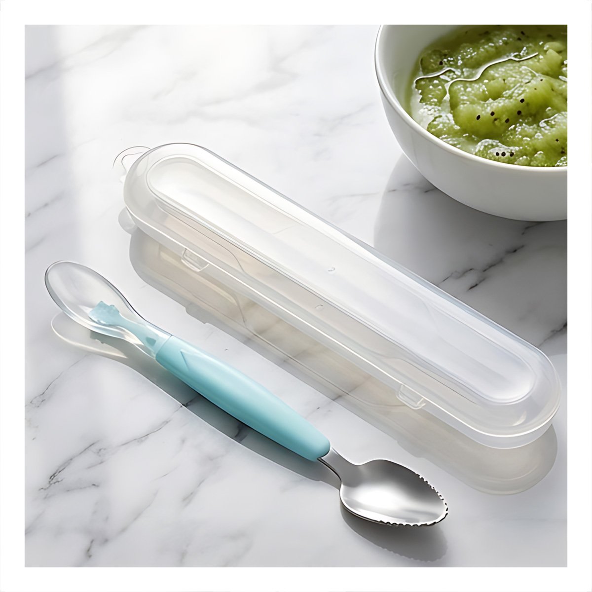 UTENSILIO DOBLE CON ESTUCHE TRANSPARENTE Y ACABADO COLOR VERDE AGUA RASPADOR Y+REGALO STICKER - 2