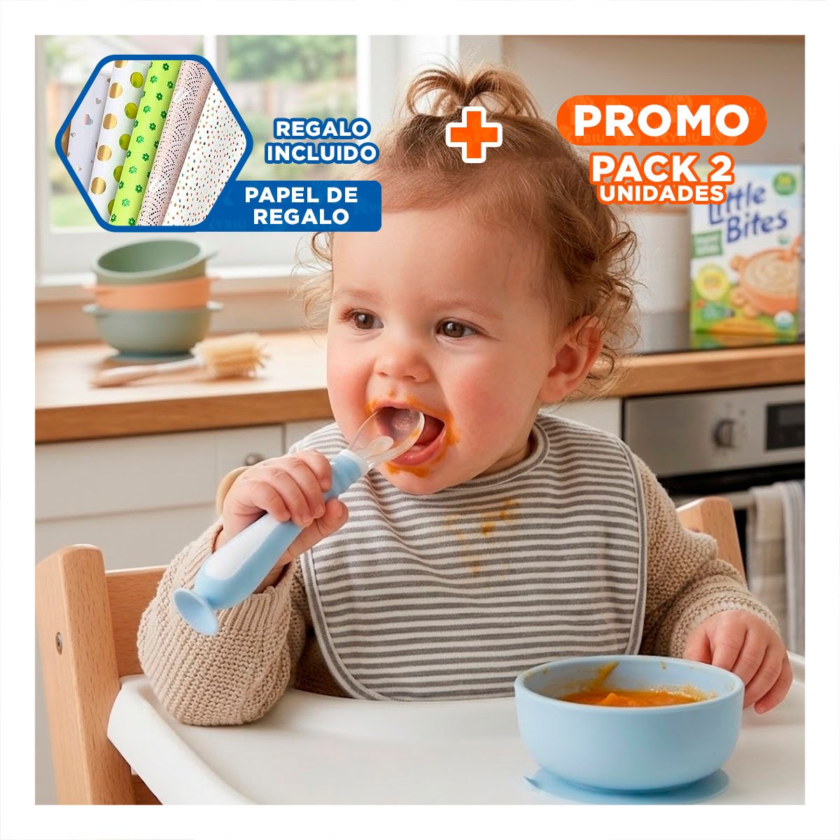 PACK2 CUCHARA DE ALIMENTACION CELESTE CON VENTOSA FIJA Y ESTUCHE SEGURO Y+PAPEL REGALO - 1