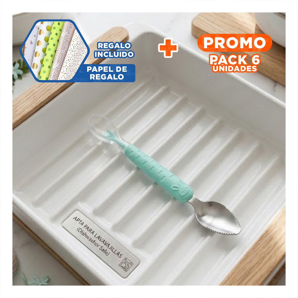 PACK6 ACCESORIO DOBLE RASPADOR EN COLOR VERDE AGUA CON CONEJO ESTAMPADO Y+PAPEL REGALO - 1