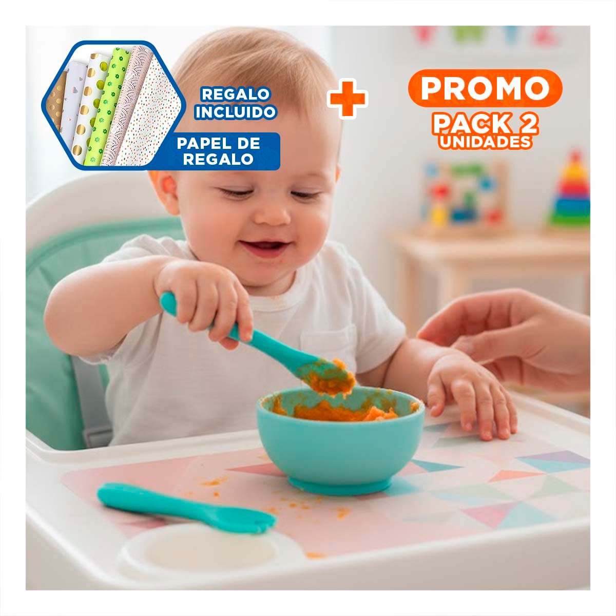 PACK2 SET DE CUCHARA Y TENEDOR INFANTIL EN COLOR VERDE MATERIAL SILICONA Y+PAPEL REGALO - 1