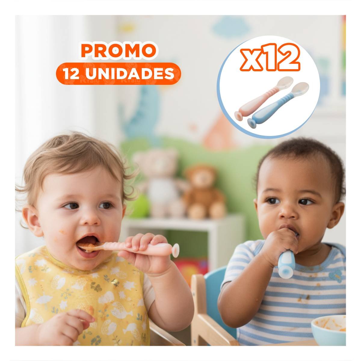PACK12 CUCHARAS INFANTILES CELESTE Y ROSADO SET DE 2 CON BASE VENTOSA Y ESTUCHE COMPACTO - 1