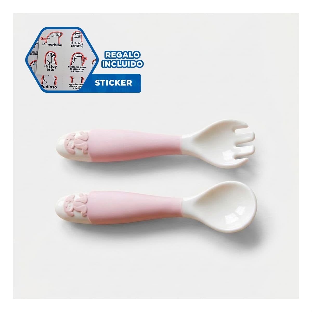 JUEGO EN COLOR ROSADO CON ESTUCHE Y CUCHARA MAS TENEDOR FORMA PERRITO Y+REGALO STICKER - 1