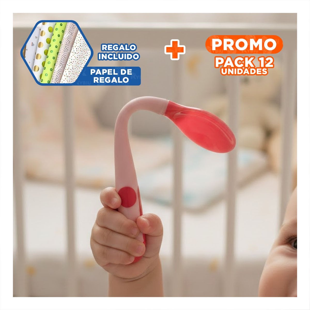 PACK12 ALIMENTADOR INFANTIL EN COLOR ROJO CON SILICONA SUAVE PARA USO DIARIO Y+PAPEL REGALO - 1