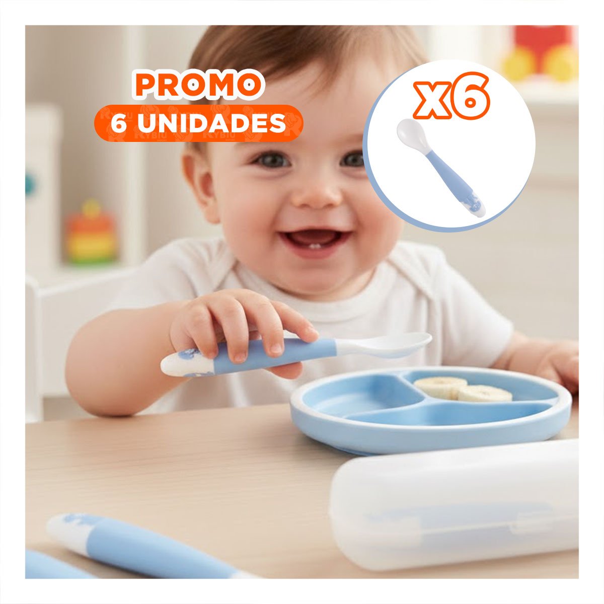 PACK6 CONJUNTO COLOR AZUL CON ESTUCHE INCLUYE CUCHARA Y TENEDOR FORMA PERRITO Y+REGALO STICKER - 1