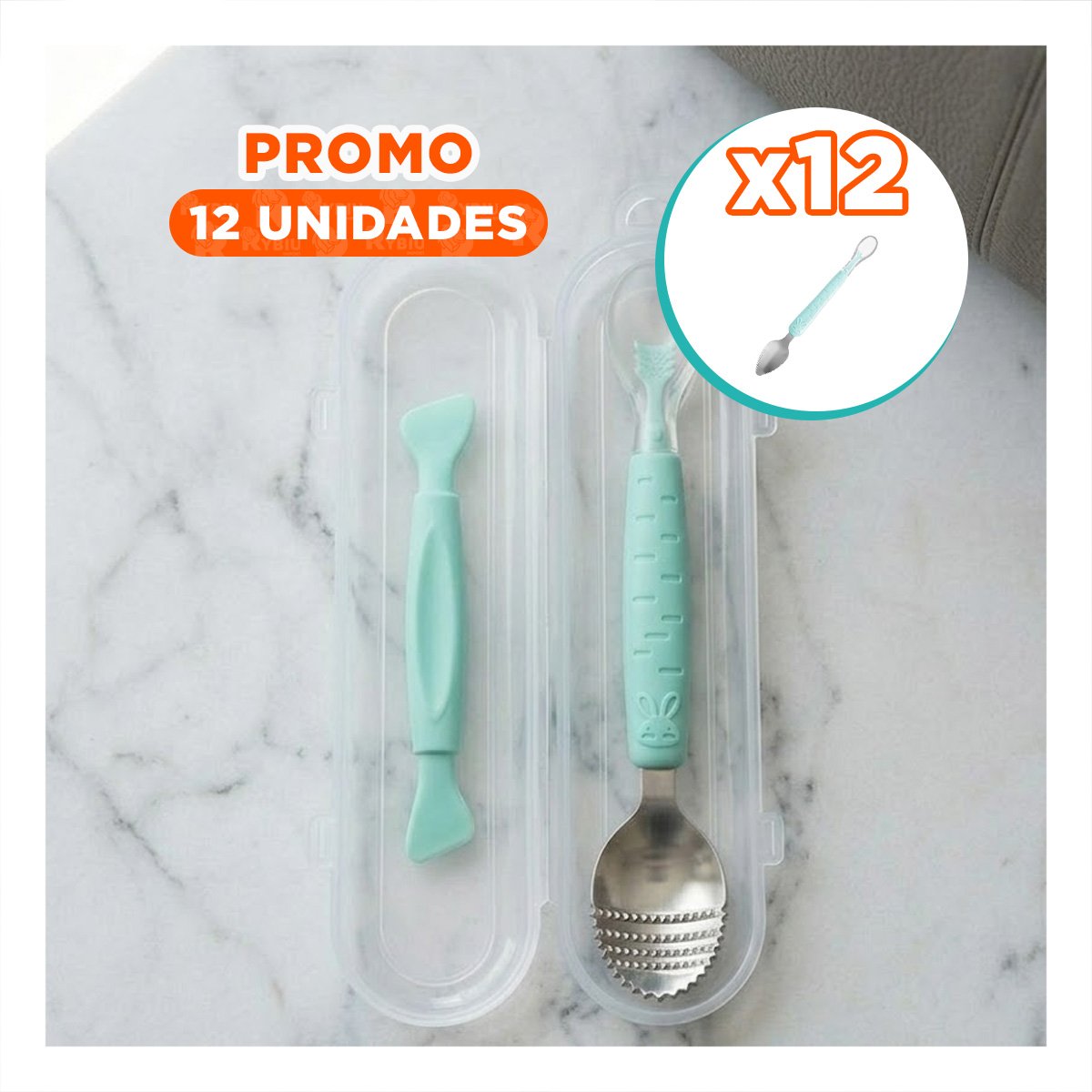 PACK12 ACCESORIO EN COLOR VERDE AGUA TIPO DOBLE RASPADOR CON CONEJO ESTAMPADO - 1