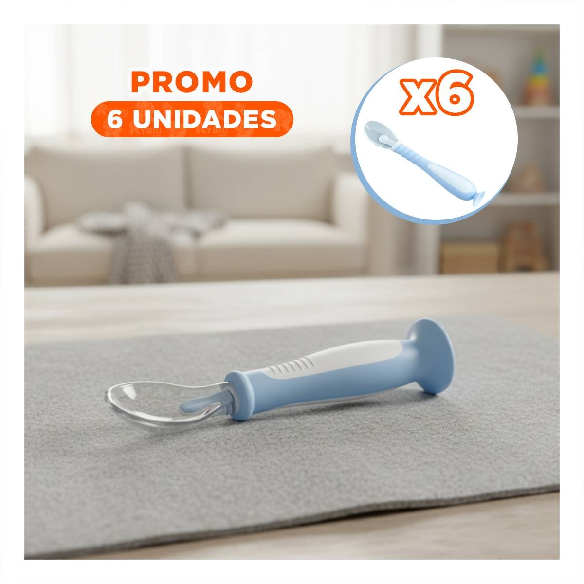 PACK6 ALIMENTADOR ERGONOMICO CELESTE CON 2 CUCHARAS INFANTILES Y ESTUCHE Y+REGALO STICKER - 1