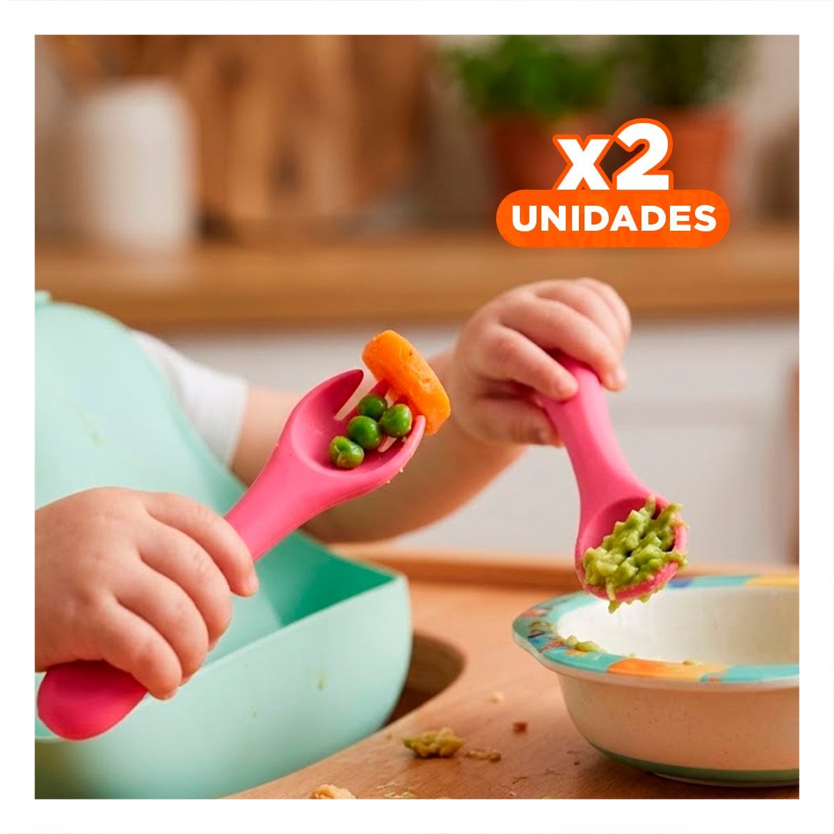 PACK2 SET EN COLOR ROSADO EN SILICONA CON CUCHARA Y TENEDOR PRACTICO Y+REGALO STICKER - 1