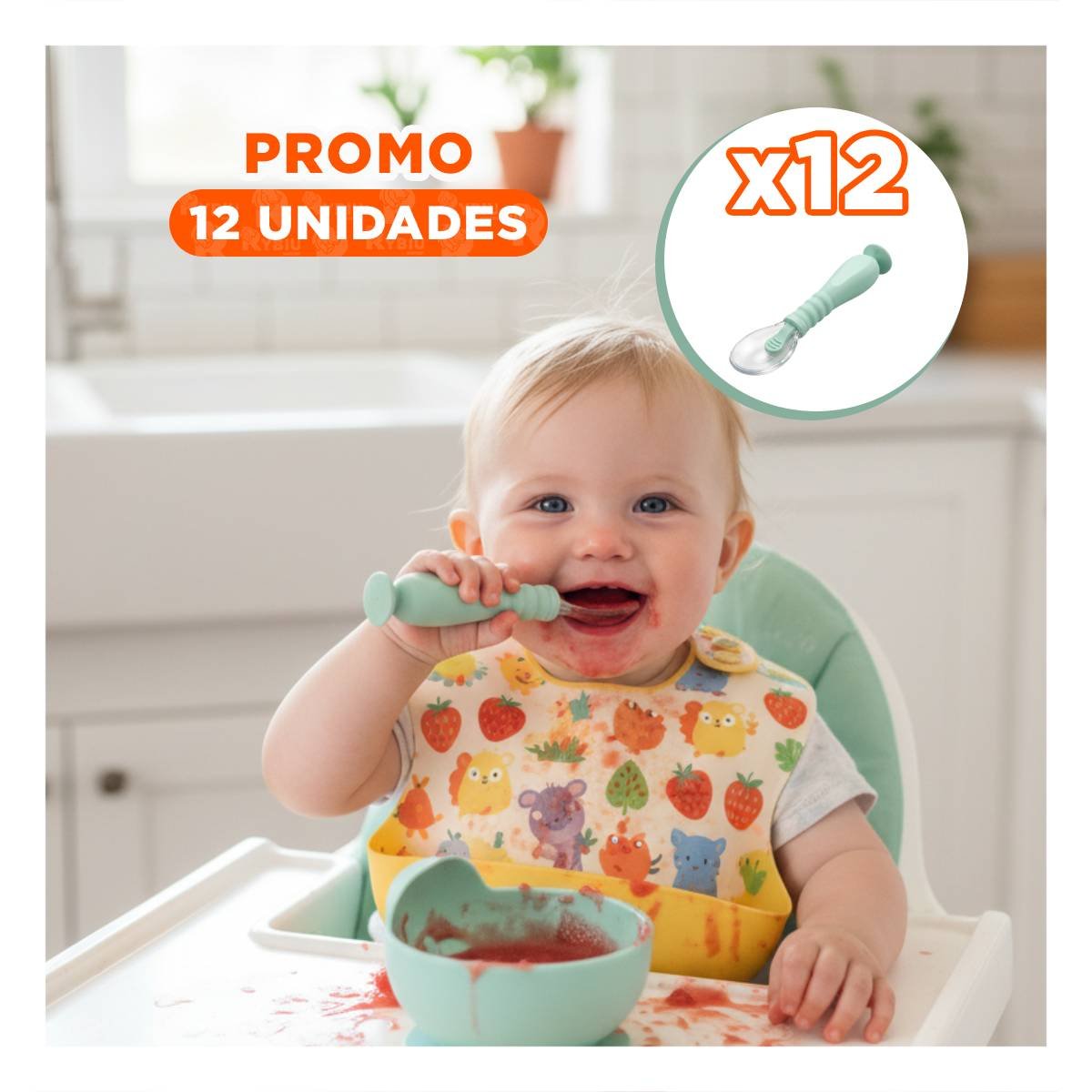 PACK12 CUCHARAS INFANTILES VERDE AGUA SET DE 2 CON BASE VENTOSA Y ESTUCHE COMPACTO - 1
