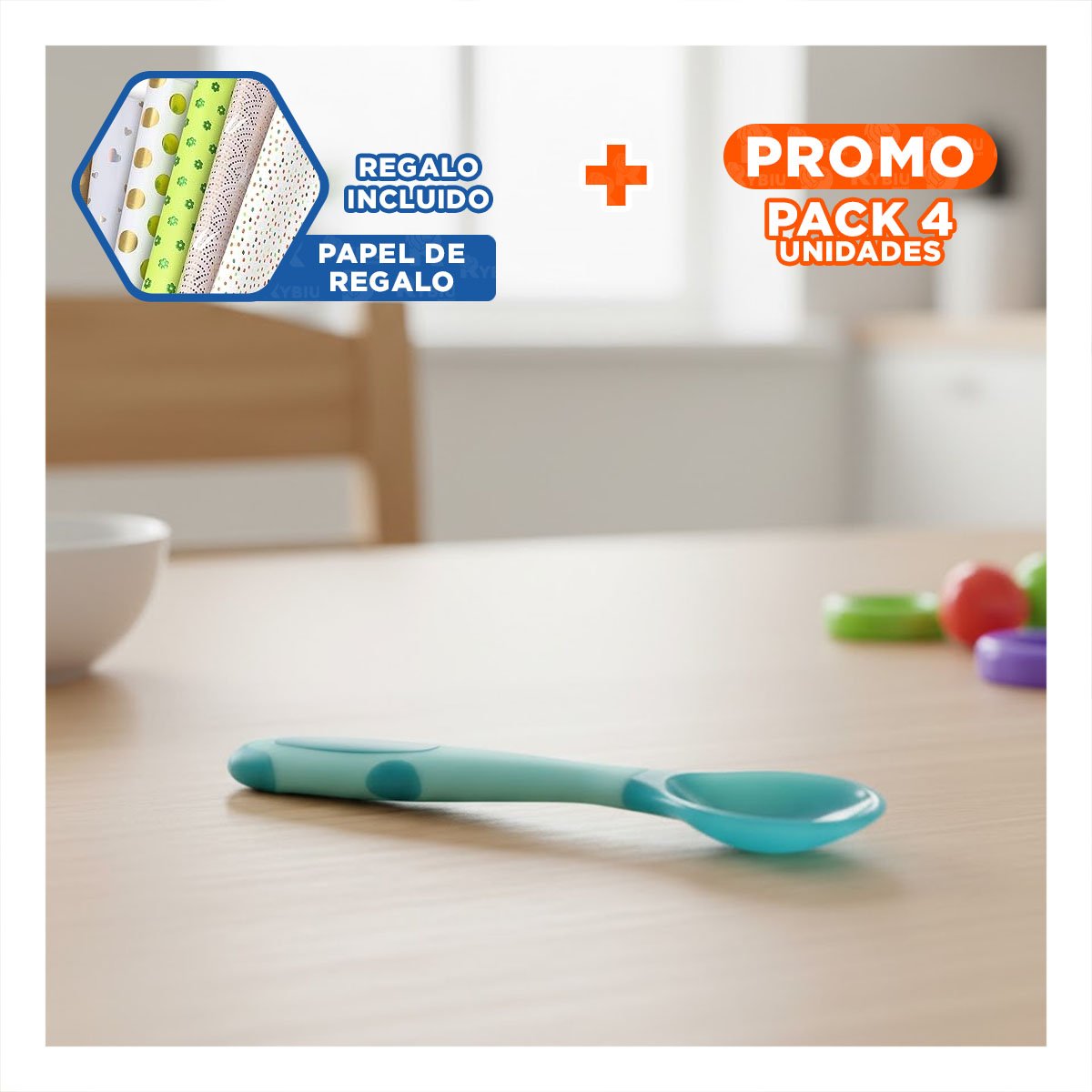 PACK4 ALIMENTADOR EN COLOR CELESTE DE SILICONA PARA ALIMENTACION COMODA DEL BEBE Y+PAPEL REGALO - 1