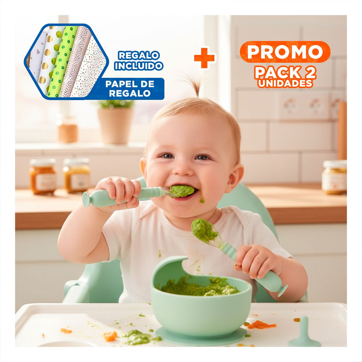 PACK2 CUCHARA DE ALIMENTACION VERDE AGUA CON VENTOSA FIJA Y ESTUCHE SEGURO Y+PAPEL REGALO - 1