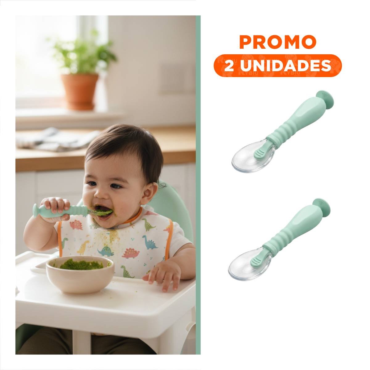 PACK2 CUCHARAS DE ALIMENTACION 2 UNIDADES VERDE AGUA CON ESTUCHE Y SOPORTE VENTOSA - 1
