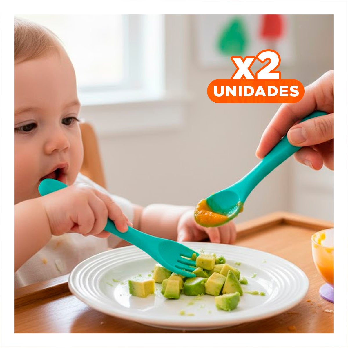 PACK2 SET EN COLOR VERDE EN SILICONA CON CUCHARA Y TENEDOR PRACTICO Y+REGALO STICKER - 1