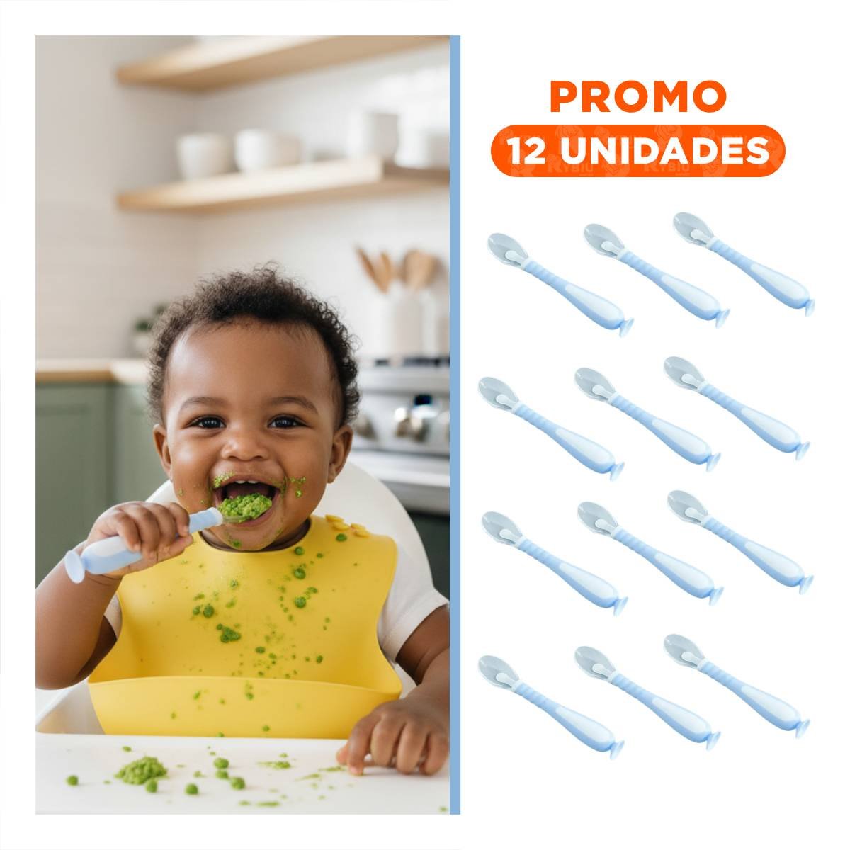 PACK12 JUEGO DE ALIMENTACION CELESTE CON 2 CUCHARAS Y SISTEMA VENTOSA Y+REGALO STICKER - 1