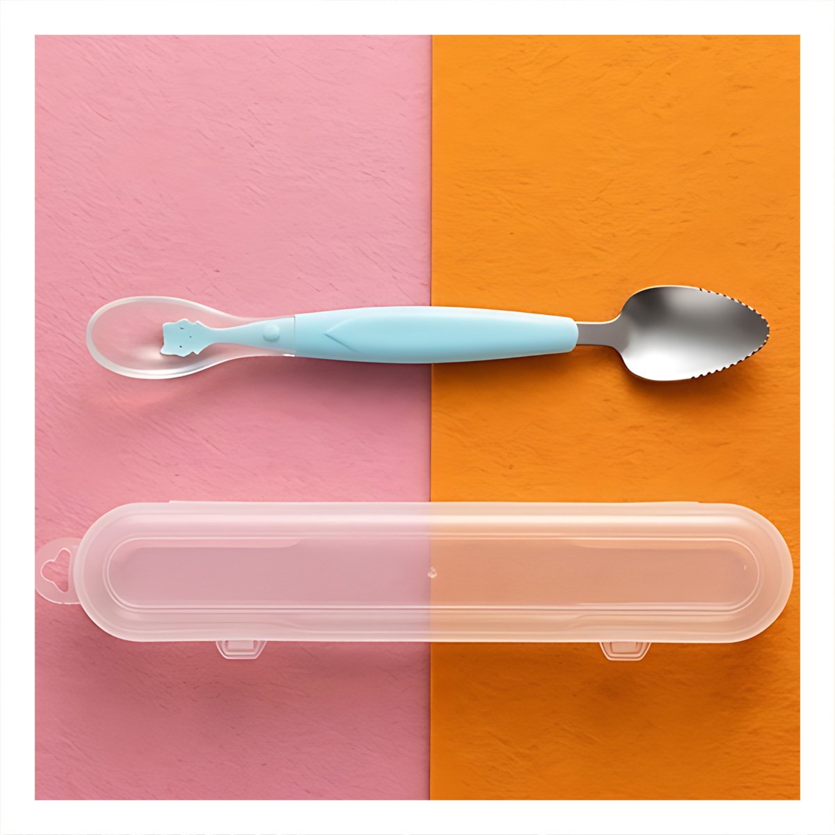 UTENSILIO DOBLE RASPADOR EN COLOR VERDE AGUA CON ESTUCHE TRANSPARENTE COMPACTO - 1