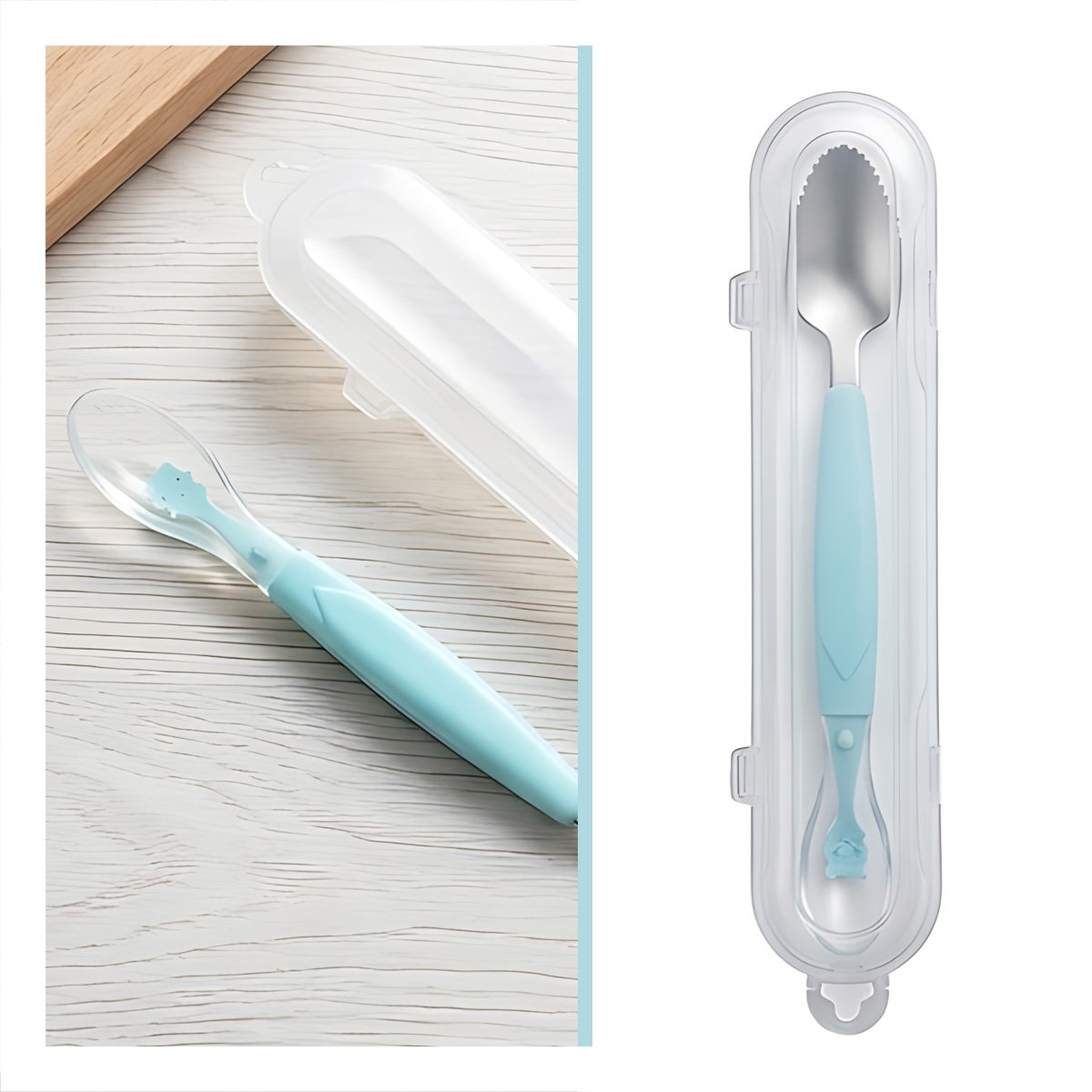 UTENSILIO DOBLE RASPADOR EN COLOR VERDE AGUA CON ESTUCHE TRANSPARENTE COMPACTO - 3