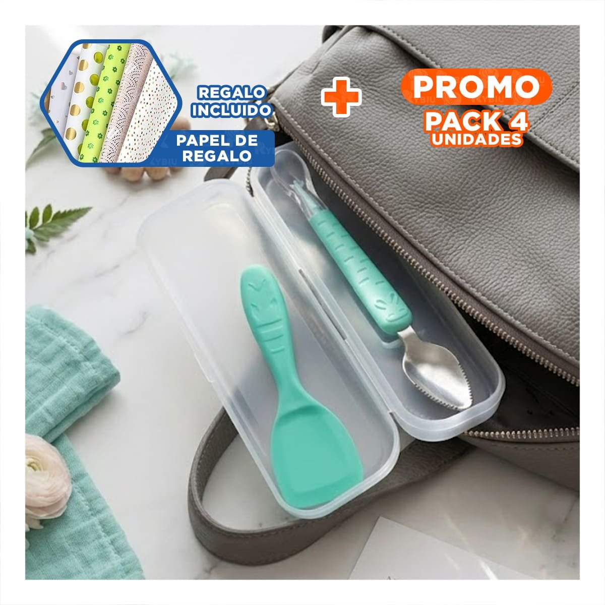 PACK4 CUCHARA EN COLOR VERDE AGUA CON SISTEMA DOBLE RASPADOR Y CONEJO ESTAMPADO Y+PAPEL REGALO - 1