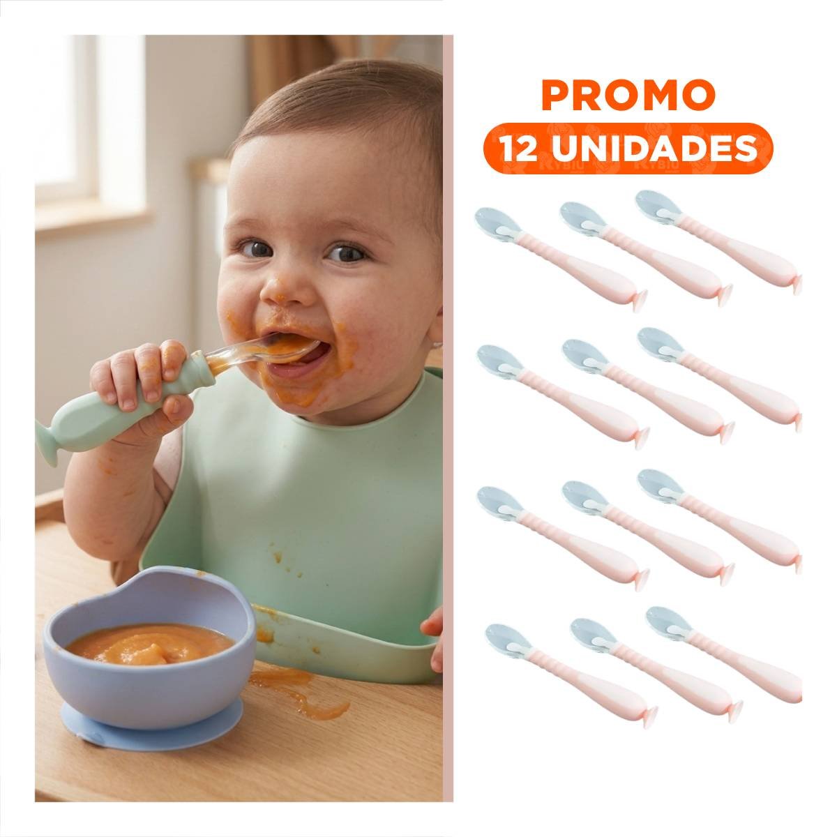 PACK12 JUEGO DE ALIMENTACION ROSADO CON 2 CUCHARAS Y SISTEMA VENTOSA Y+REGALO STICKER - 1