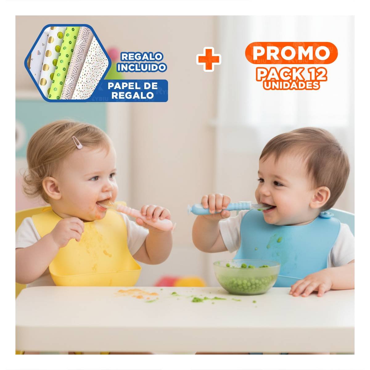 PACK12 JUEGO CELESTE Y ROSADO INCLUYE 2 CUCHARAS ERGONOMICAS CON ESTUCHE SEGURO Y+PAPEL REGALO - 1