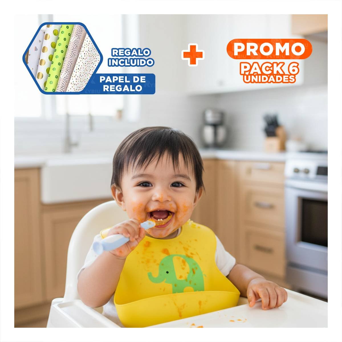 PACK6 ALIMENTADOR CELESTE CON SET DE 2 CUCHARAS Y ESTUCHE PROTECTOR VENTOSA Y+PAPEL REGALO - 1
