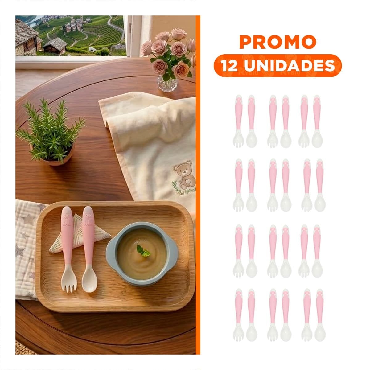 PACK12 CONJUNTO DE ALIMENTACION EN COLOR ROSADO FORMA PERRITO CON ESTUCHE Y+REGALO STICKER - 1