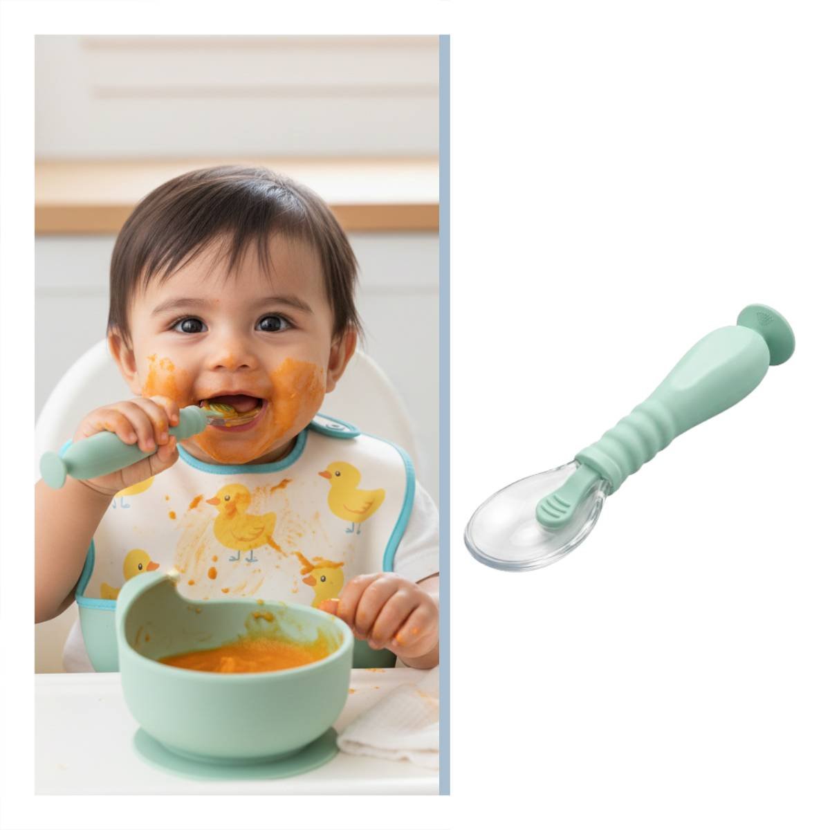 ALIMENTADOR INFANTIL VERDE AGUA CON 2 CUCHARAS ERGONOMICAS Y ESTUCHE CON VENTOSA - 3