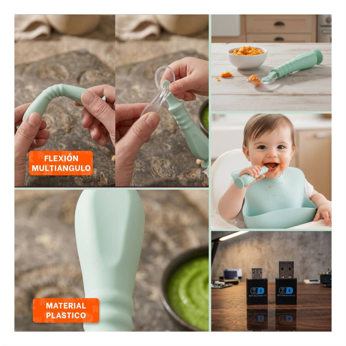 ALIMENTADOR INFANTIL VERDE AGUA CON 2 CUCHARAS ERGONOMICAS Y ESTUCHE CON VENTOSA - 5