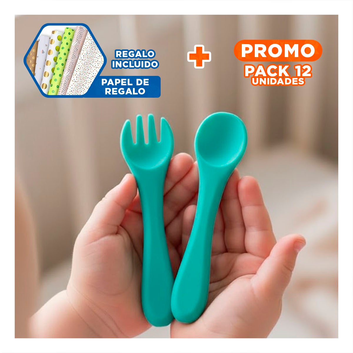 PACK12 KIT EN COLOR VERDE DE CUCHARA Y TENEDOR EN SILICONA FLEXIBLE Y+PAPEL REGALO - 1