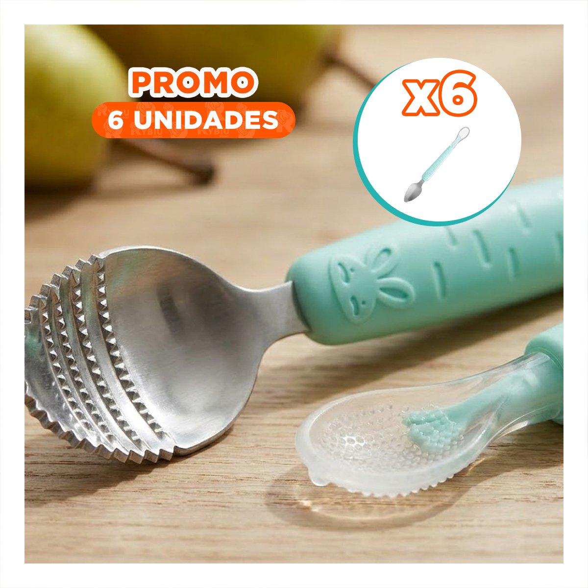 PACK6 ACCESORIO RASPADOR DOBLE EN EN COLOR VERDE AGUA CON CONEJO ESTAMPADO Y+REGALO STICKER - 1