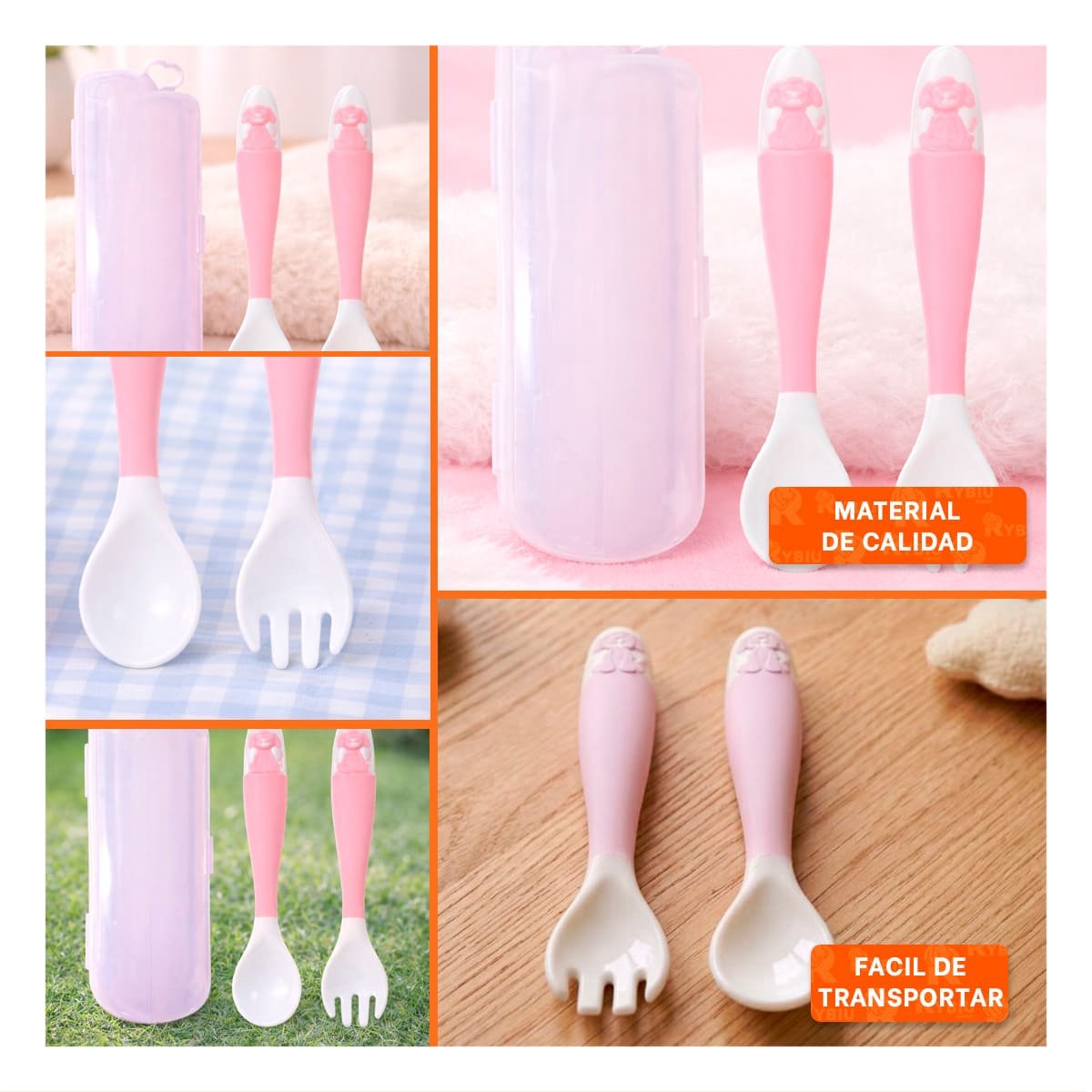 JUEGO INFANTIL EN COLOR ROSADO CON CUCHARA Y TENEDOR PERRITO MAS ESTUCHE Y+POST IT - 1