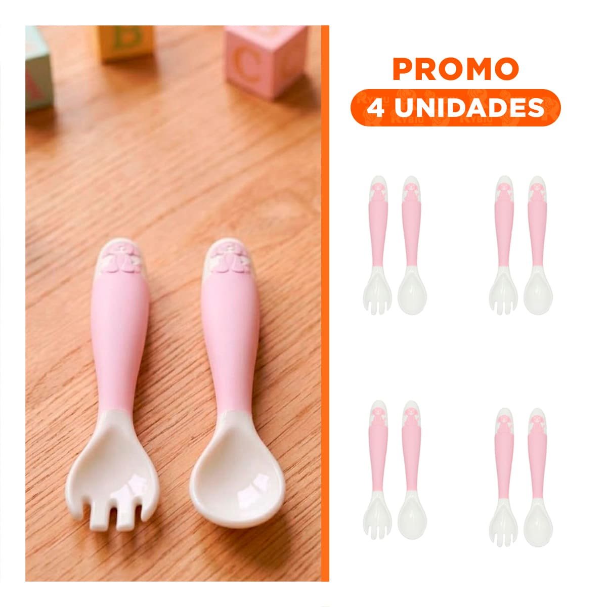 PACK4 CONJUNTO INFANTIL FORMA PERRITO EN COLOR ROSADO CON CUCHARA Y TENEDOR Y+REGALO STICKER - 1