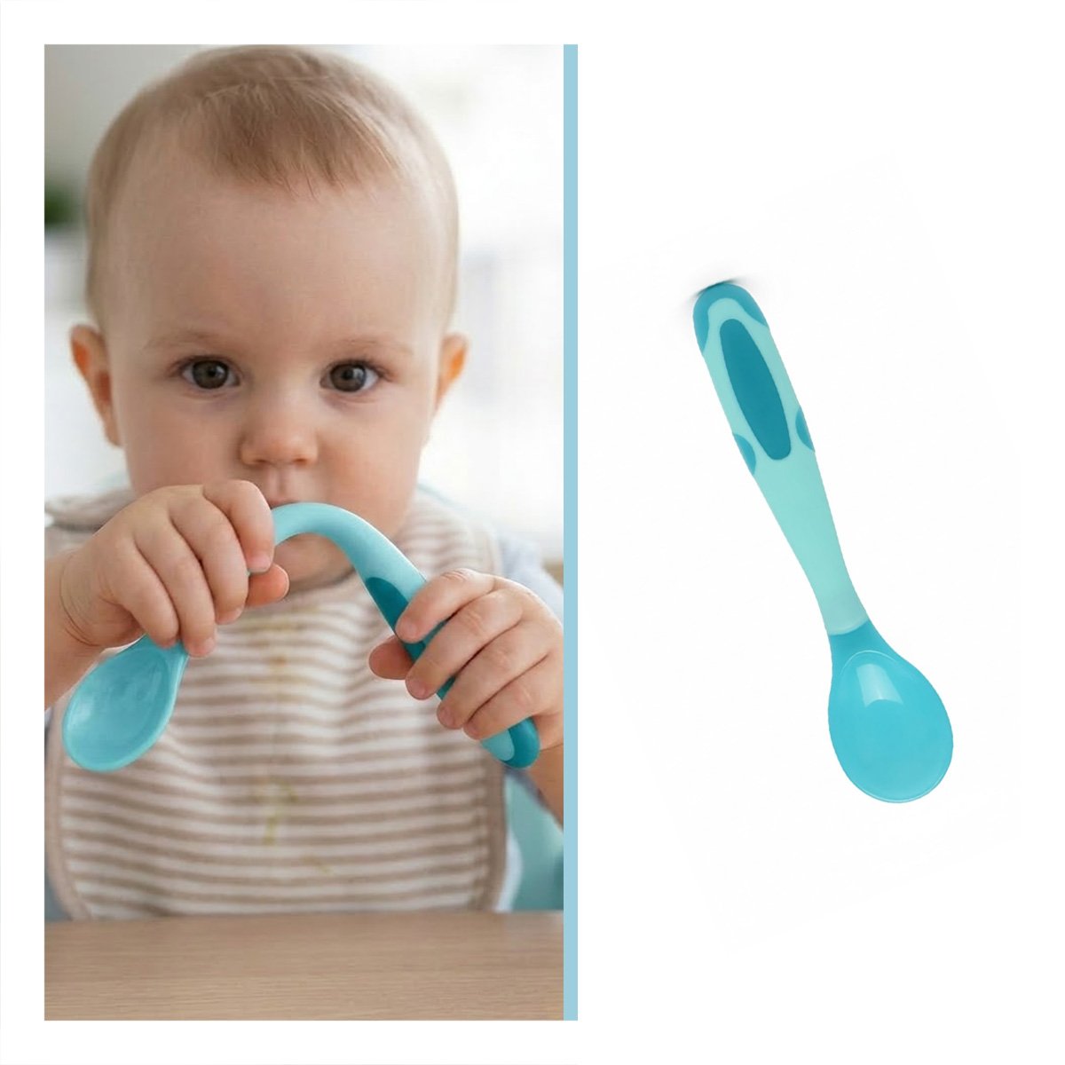 CUCHARA EN COLOR CELESTE CON MATERIAL DE SILICONA Y FORMA ERGONOMICA INFANTIL - 3