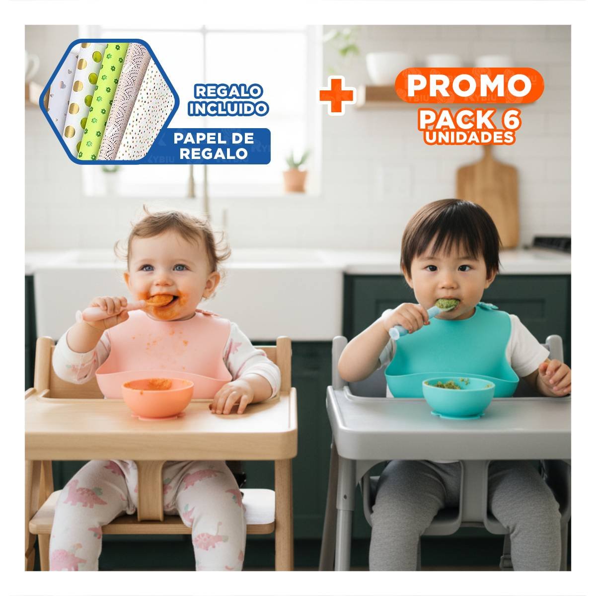 PACK6 ALIMENTADOR CELESTE Y ROSADO CON SET DE 2 CUCHARAS Y ESTUCHE VENTOSA Y+PAPEL REGALO - 1